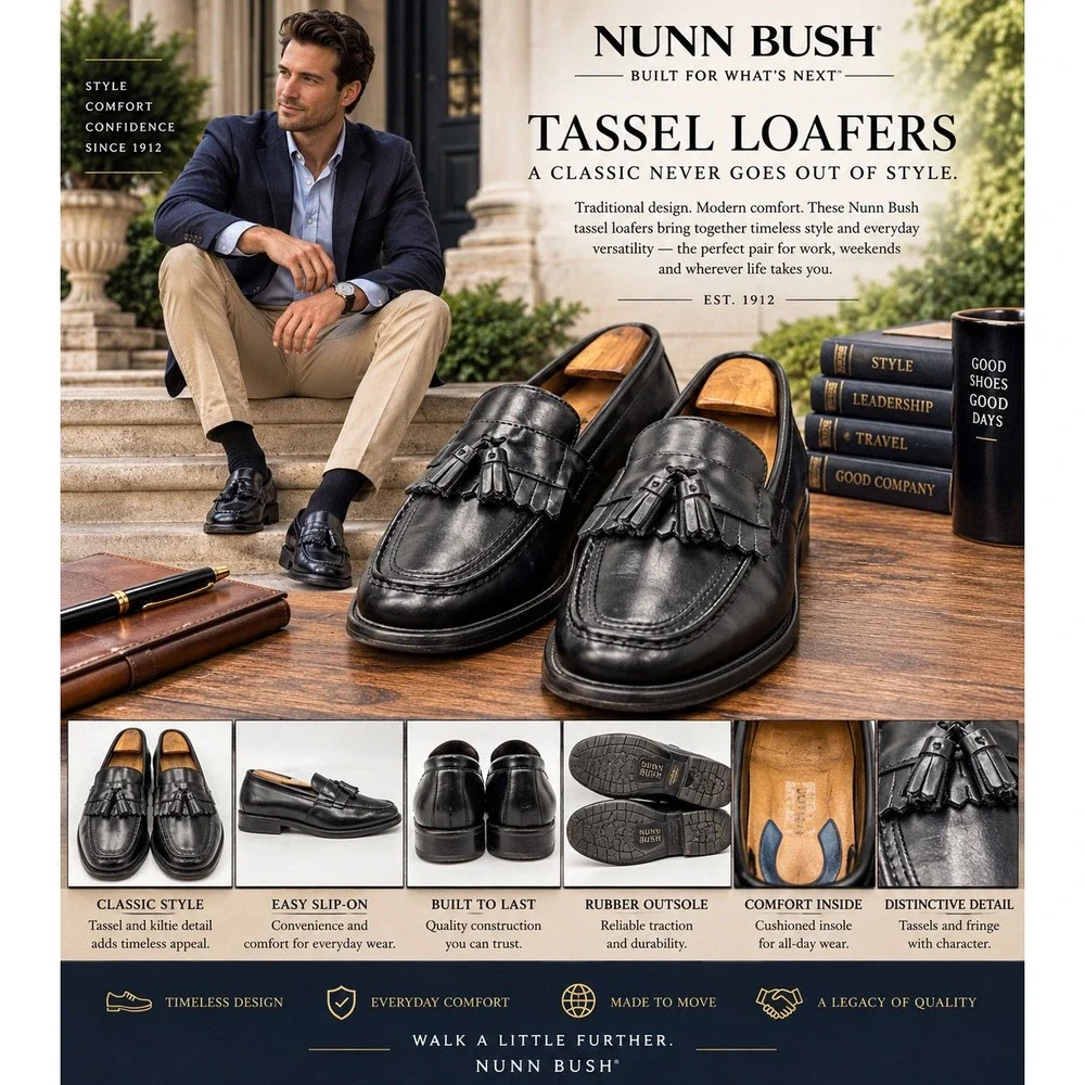 Nunn Bush Men's Black Leather Tassel Kiltie Loafers Slip-On Dress Shoes Size 8.5